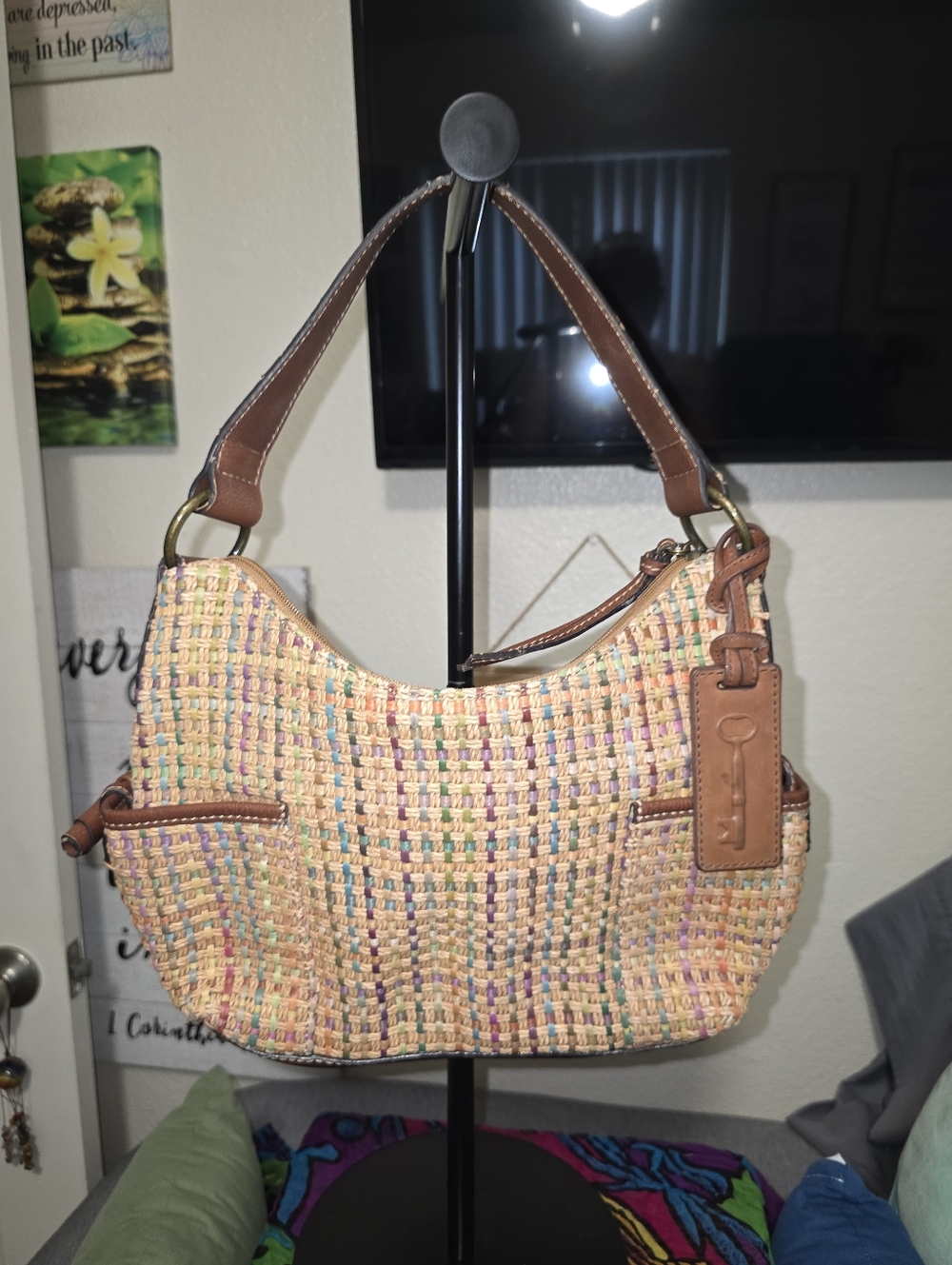 Vintage Fossil Woven Multicolor Shoulder Bag with Leather Trim